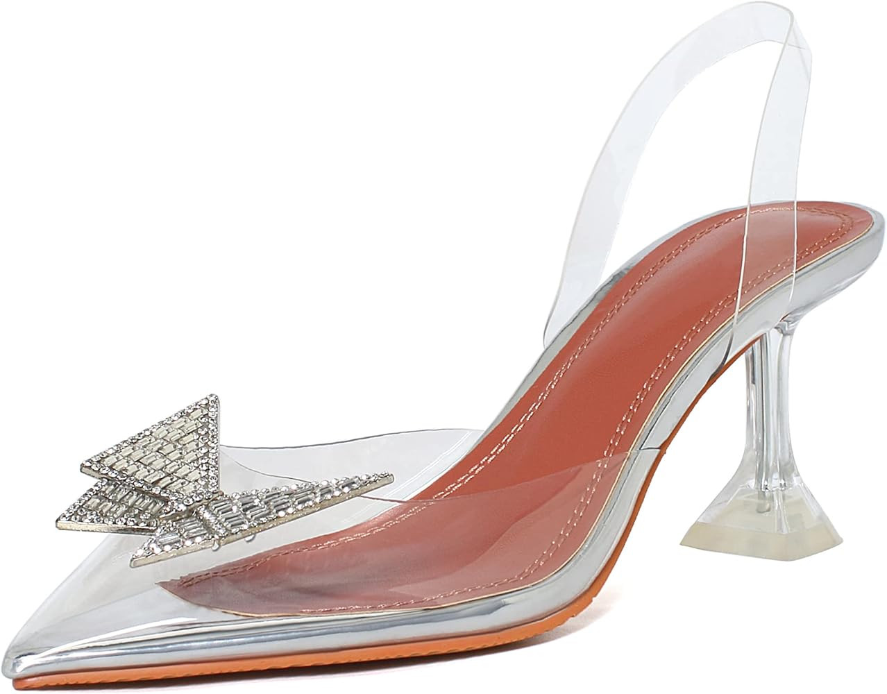 PORYS Womens Clear Slingback Pointed Toe Heeled Sandals Sparkling Crystal Butterfly Buckle Stilet... | Amazon (US)