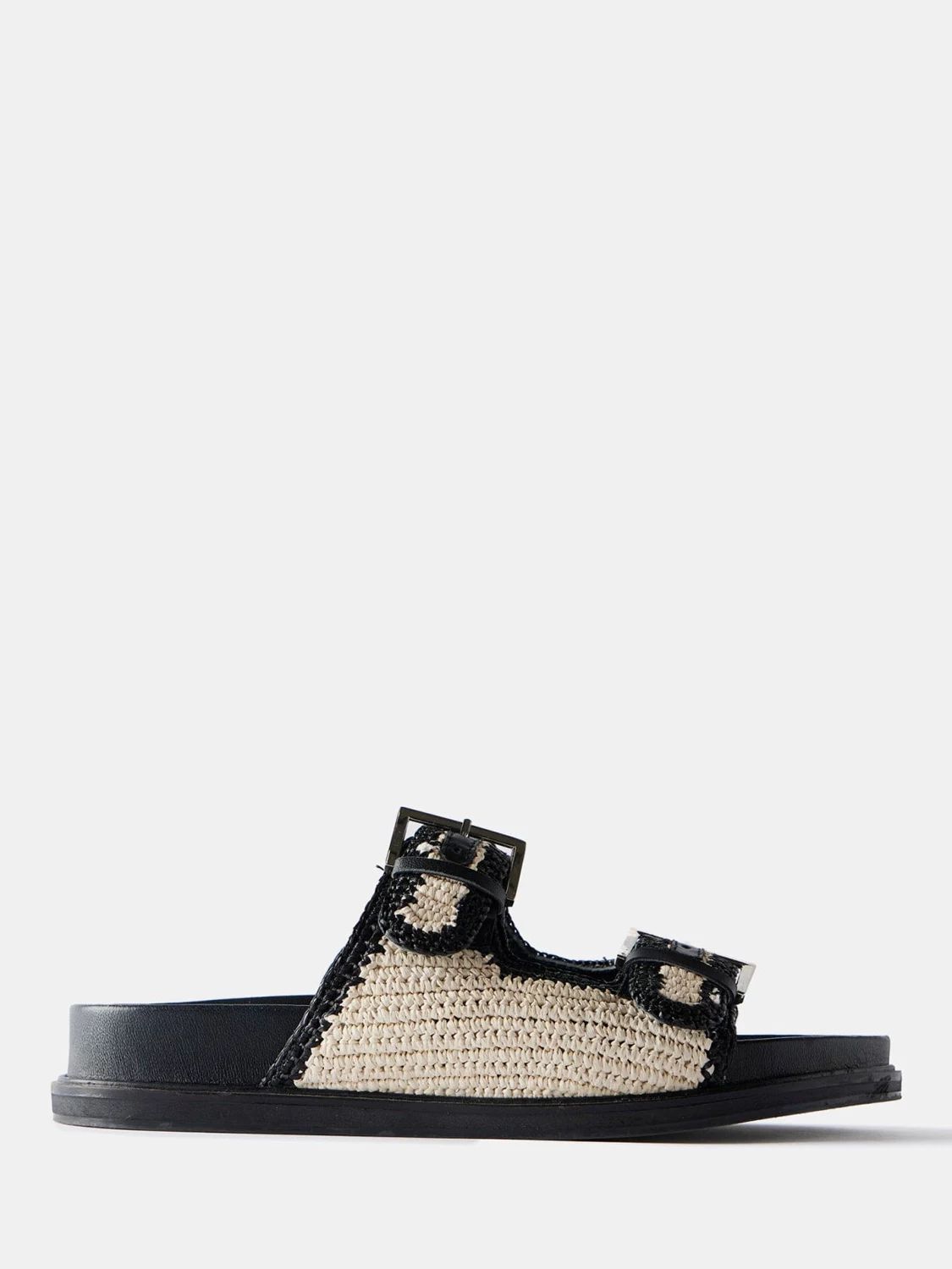 Mint Velvet Leather Raffia Sandals, Black/Cream | John Lewis (UK)