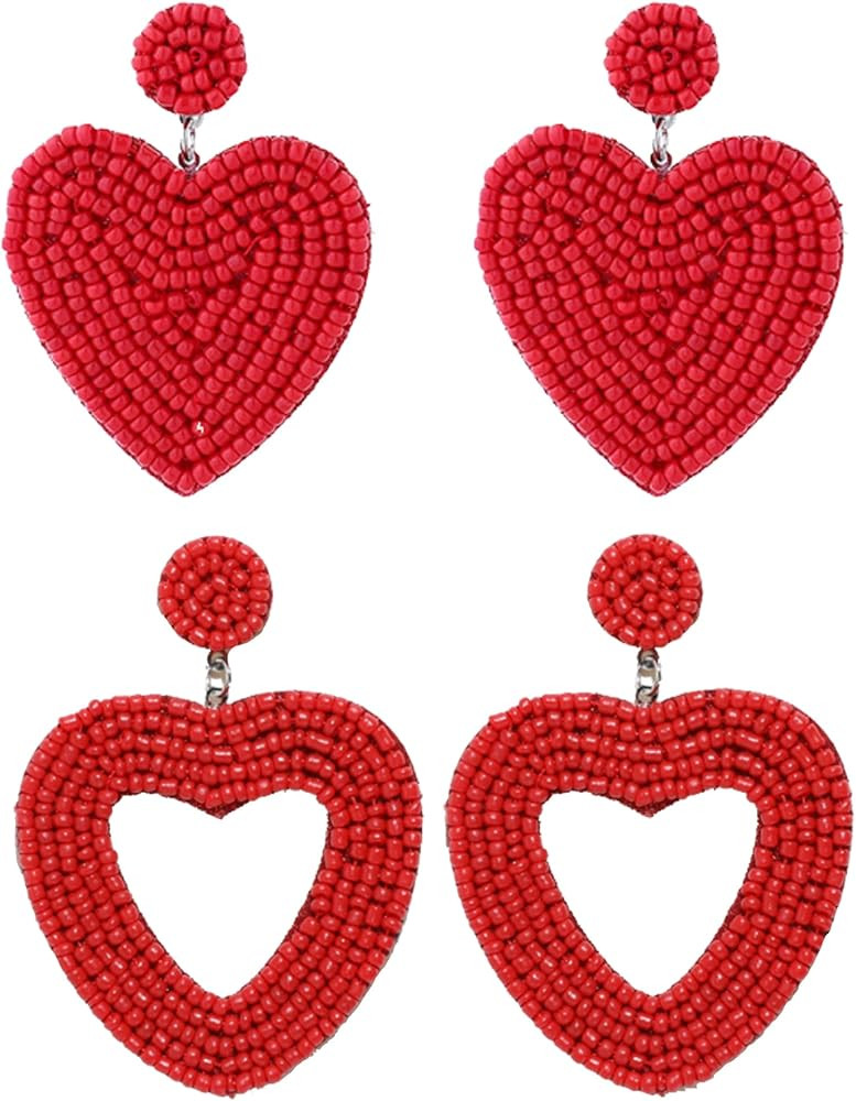 Heart Dangle Earrings Red Beaded Heart Drop Earrings Valentines Day Earrings Love Heart dangle Ea... | Amazon (US)