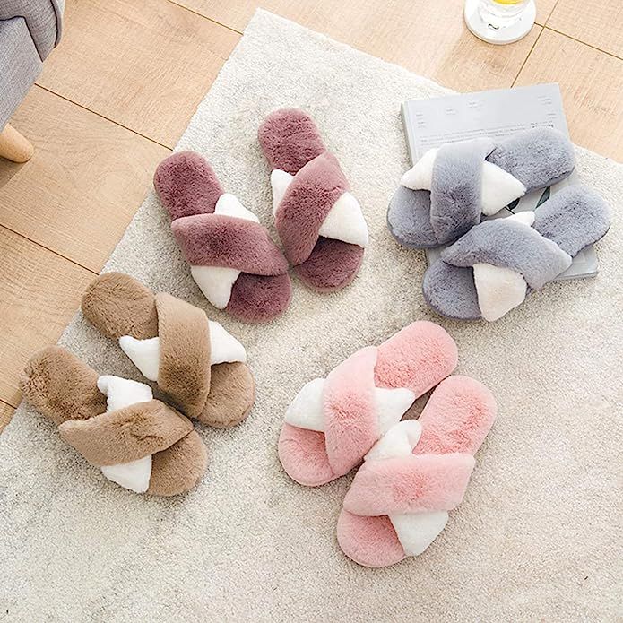 Womens Fuzzy Slippers Soft Warm Fur House Shoes Anti Slip Open Toe Indoor Outdoor Fluffy Slippers | Amazon (US)