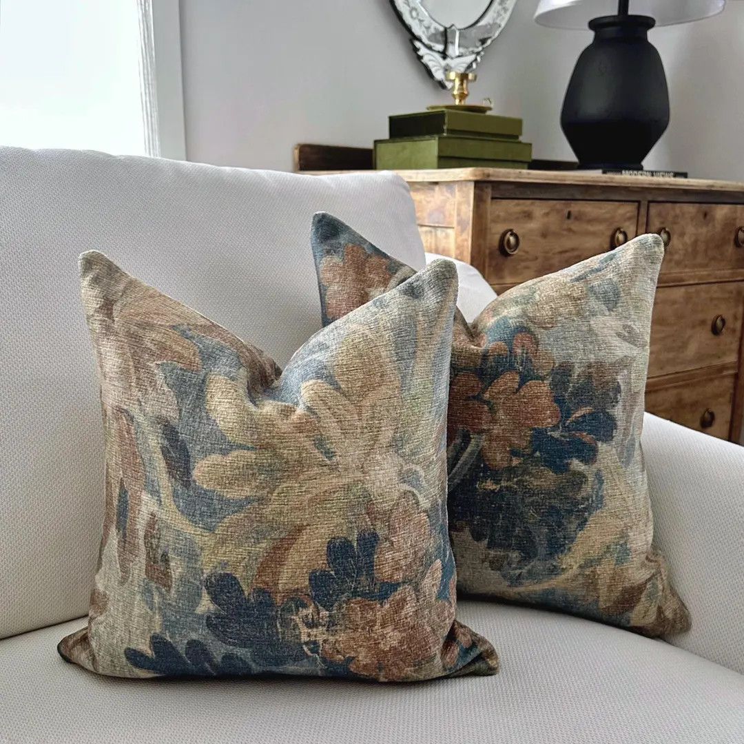 Mocha Pattern Designer Pillow Chenille Texture Throw Cushion Cover Rustic Blue Decor Vintage Styl... | Etsy (US)