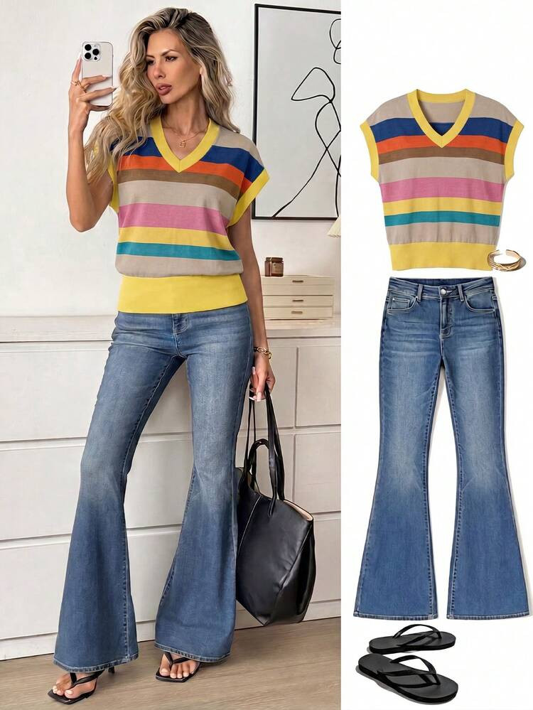 Easowa Women's V-Neck Printed T-Shirt, Versatile Summer Tee | SHEIN