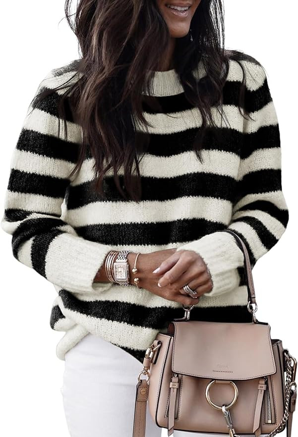 Dokotoo Sweaters for Women 2025 Crewneck Striped Cute Color Block Fall Winter Knitted Pullover To... | Amazon (US)