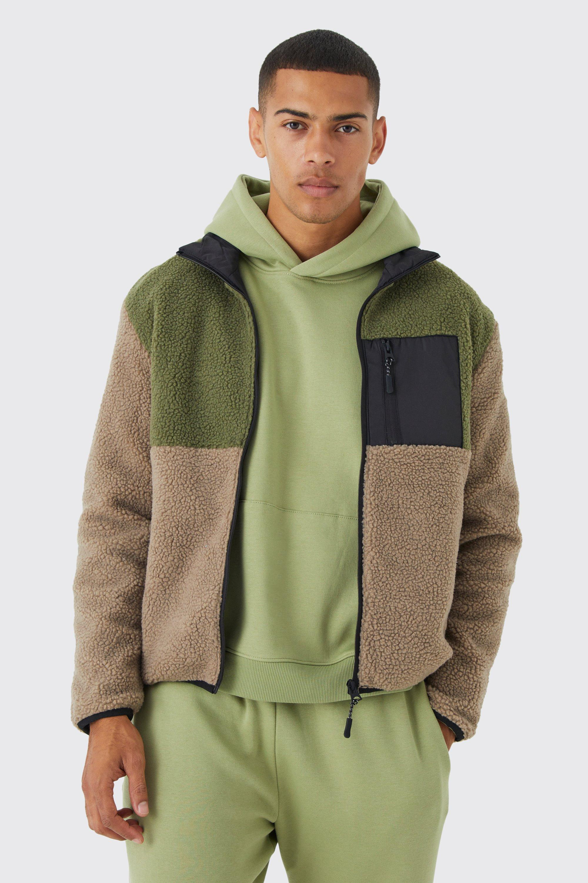 Colour Block Funnel Neck Borg Jacket | boohooMAN (DE, IE & UK)