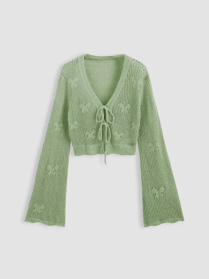 Solid Hollow Out Knit Knotted Cardigan | Cider