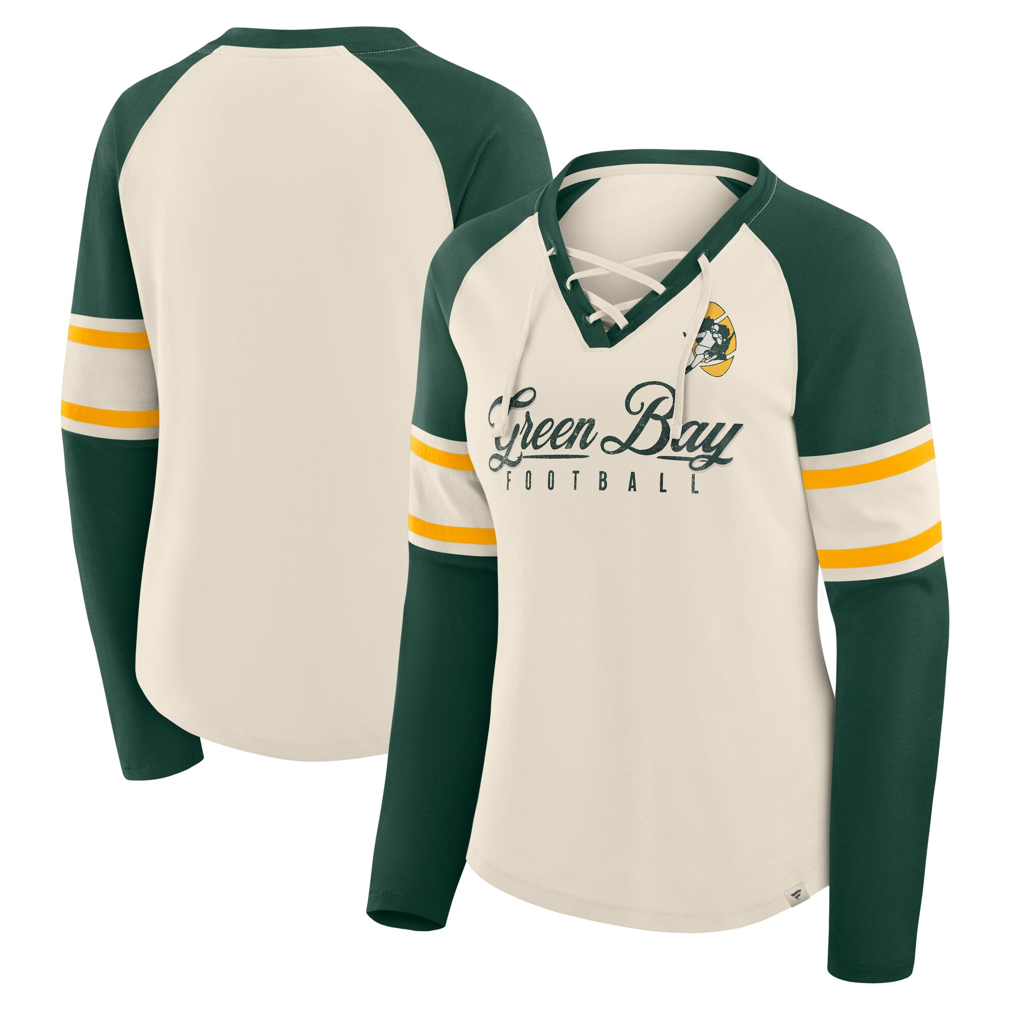Green Bay Packers Fanatics Women's Hometown Gridiron Hero Raglan Lace-Up V-Neck Long Sleeve T-Shi... | Fanatics