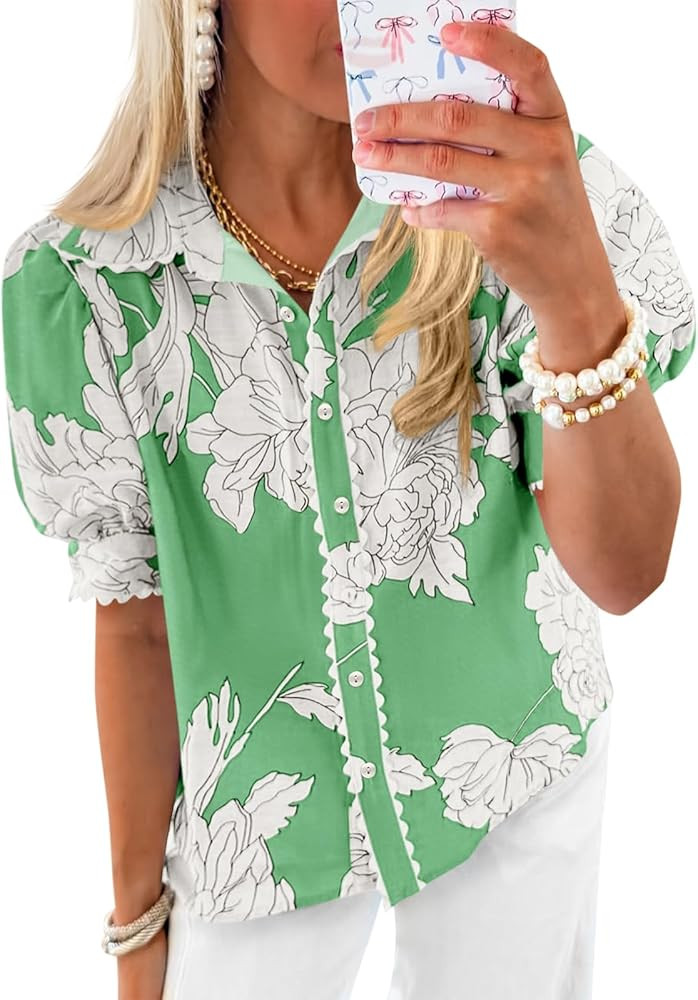 Cicy Bell Womens Puff Sleeve Button Down Shirts Floral Print Summer Casual Tops Boho Loose Fit Co... | Amazon (US)