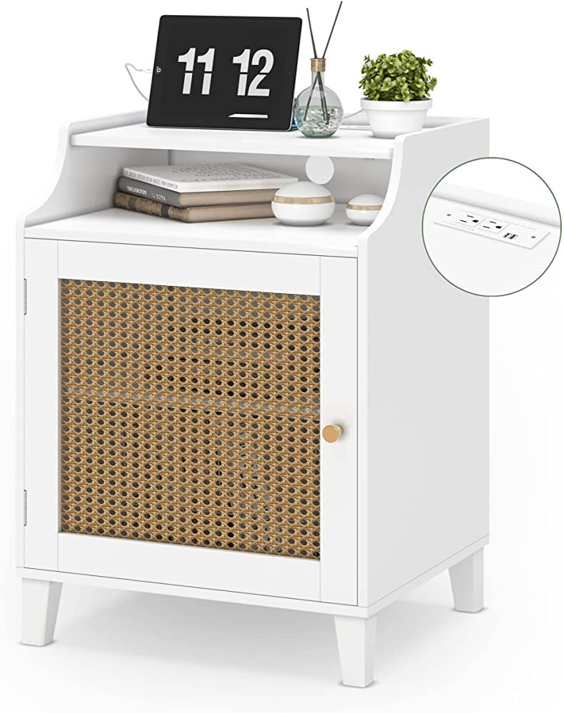 CharaVector Rattan Nightstand with Charging Station, Nightstand with Adjustable Storage Shelf&Sol... | Amazon (US)