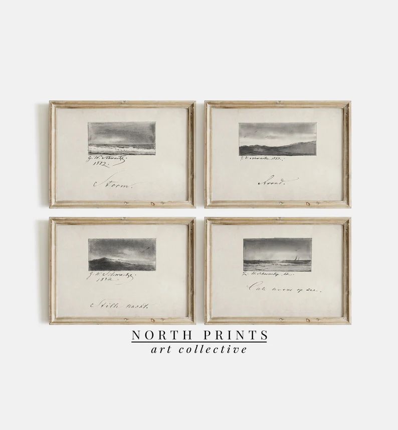 Antique Coastal Sketches Gallery Wall Print Set of FOUR Vintage Unique Neutral Drawings Art North... | Etsy (US)