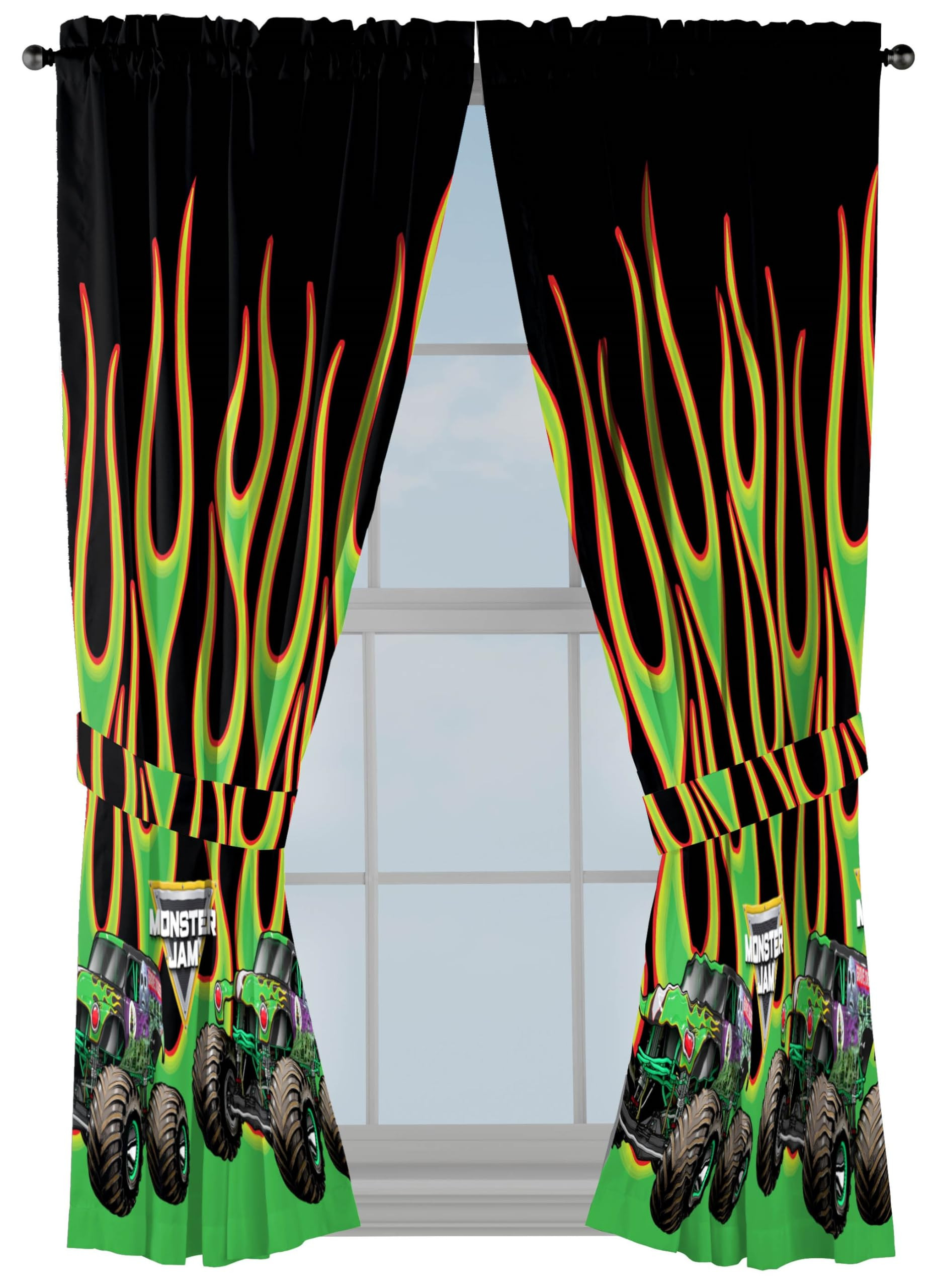 Sunny Side Up Window Curtains for Kids Bedroom 4-Piece Drape Set with 2 Tiebacks, Black - Monster... | Amazon (US)