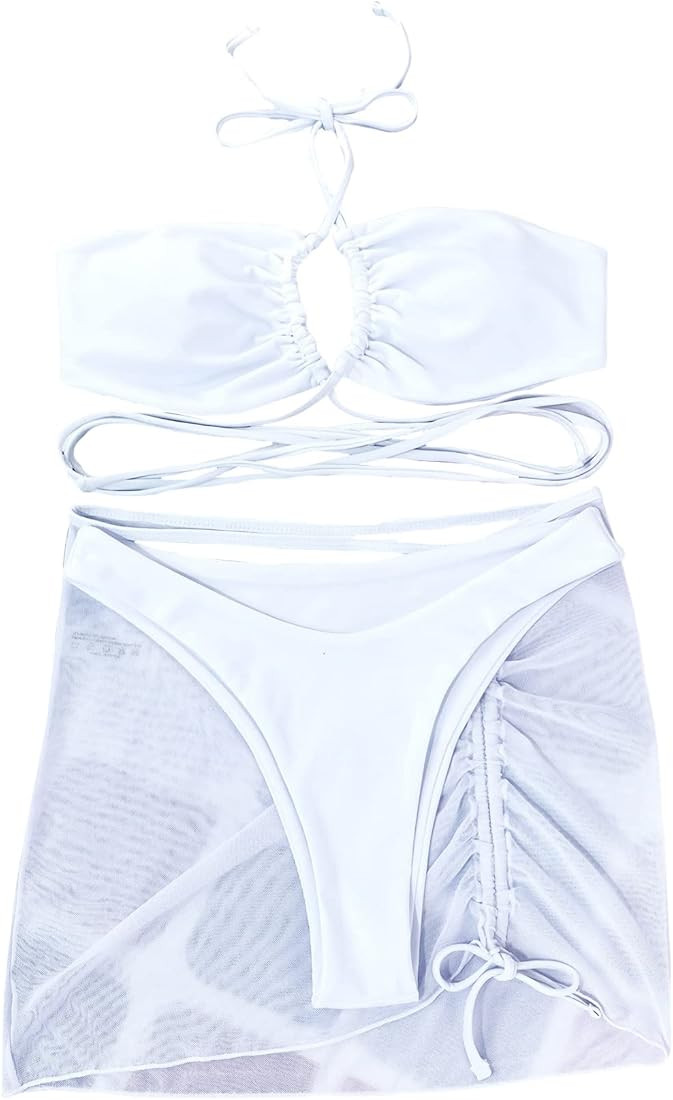 MakeMeChic Women's 3 Piece Swimsuit Criss Cross Halter Bikini Set Bathing Suit and Drawstring Bea... | Amazon (US)