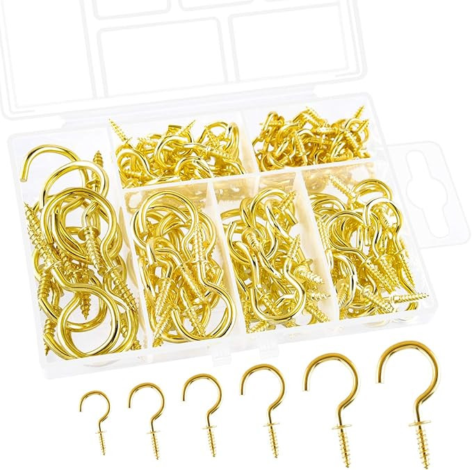ASTARON 130 Pcs Metal Ceiling Hooks Cup Hooks Multi-Size Brass Plate Screw-in Hanging Hooks, Gold | Amazon (US)