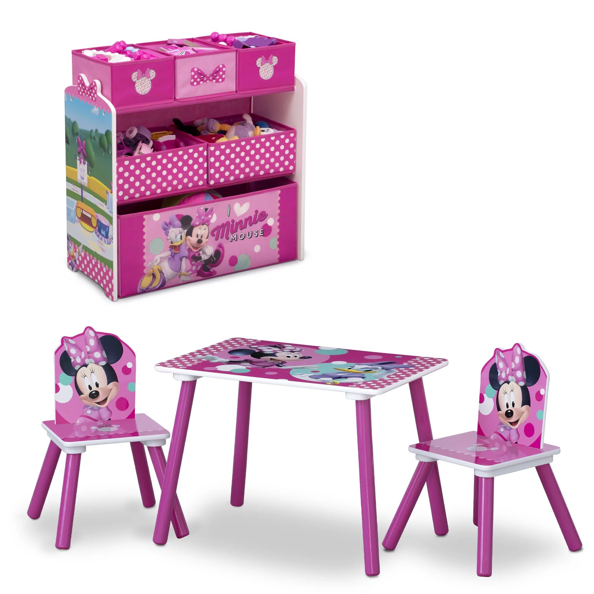 Minnie Mouse 4-Piece Wood Toddler Playroom Set – Includes Table, 2 Chairs & Toy Bin, Pink | Walmart (US)