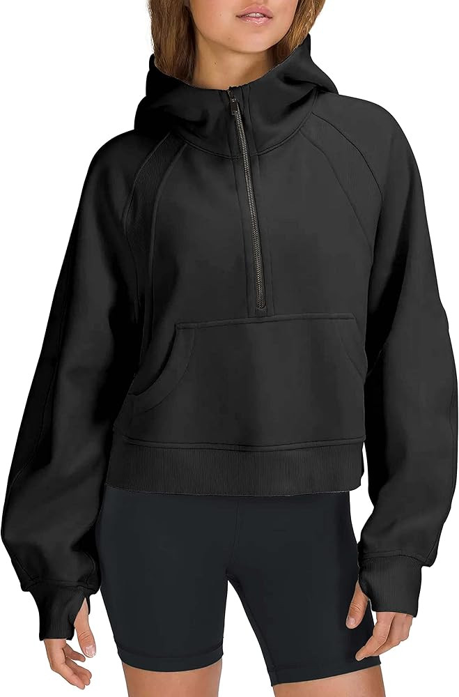 LAMOER Womens Hoodie Pullover Sweatshirts Peachskin Velvet Half-Zip Crop Hooded Fleece Lined Coll... | Amazon (US)
