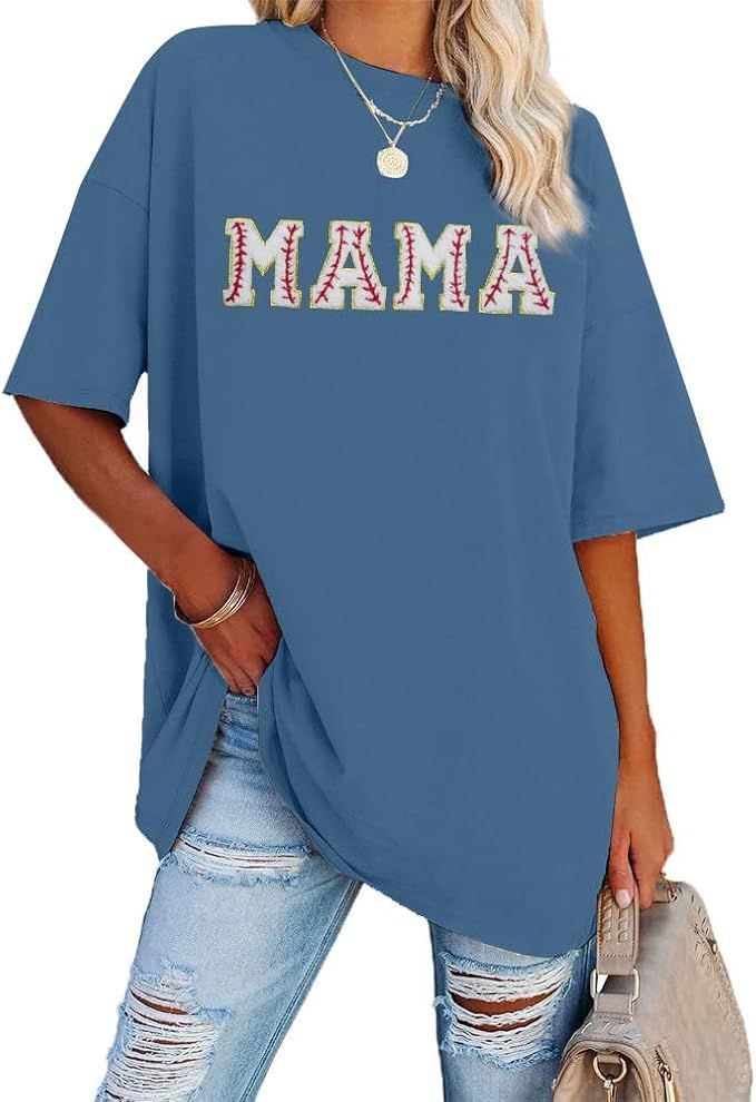 Baseball Shirt Women Oversized Baseball Mom Tops Chenille Baseball Letter Printed Tees Baseball M... | Amazon (US)