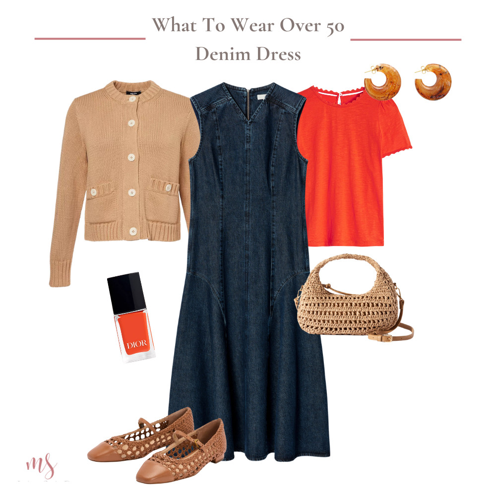 Spring denim dress outfit - chunky knit cardigan, orange t-shirt, denim midi dress, woven tan shoes and bag. 

 #LTKuk #LTKover50style #LTKstyletip