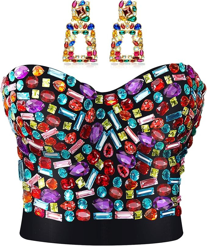 Hercicy Push up Rhinestone Bra Halloween Women Costume Beaded Bustier Crop Top Bra Crystal Dangle... | Amazon (US)