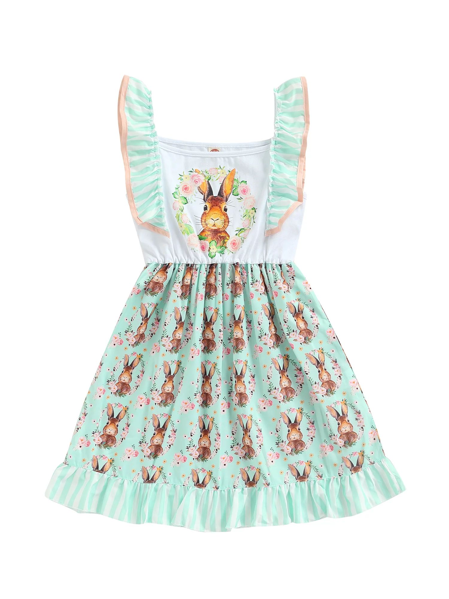 Kids Girls Easter Dress Fly Sleeve Rabbit Printed Ruffles Hem Bow-Knot Decor Cute One-Piece Dress | Walmart (US)