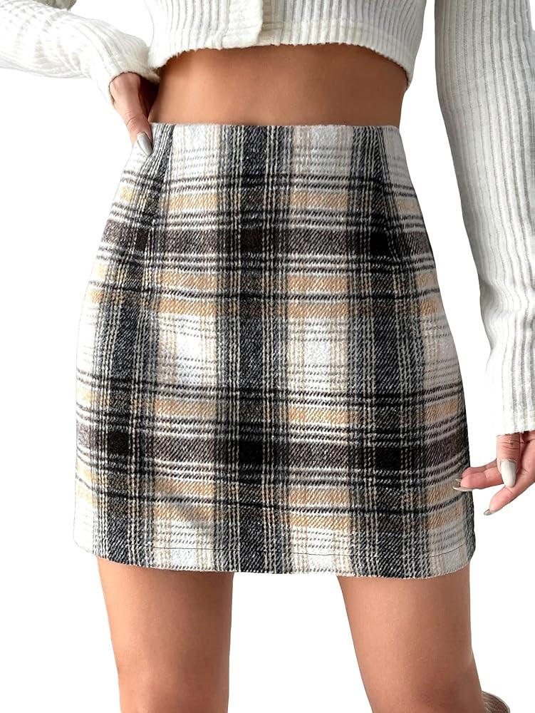 MakeMeChic Women's Plaid Skirt High Waisted Pencil Mini Skirt | Amazon (US)