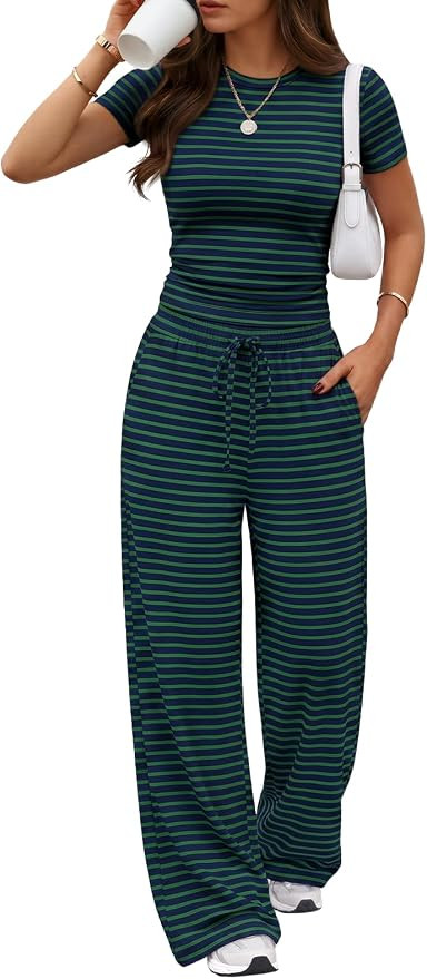 Trendy Queen 2 Piece Matching Summer Lounge Set Womens Side Ruching Top Wide Leg Pants Sets with ... | Amazon (US)