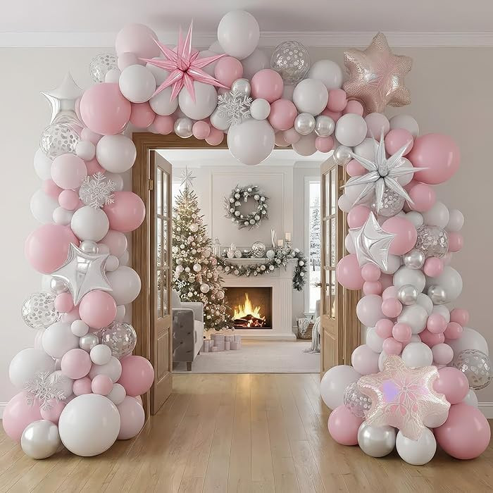 pink and silver Winter balloon garland arch kit 130pcs with Snowflake star mylar Balloons for gir... | Amazon (US)