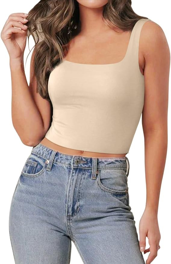 PINKMSTYLE Womens Square Neck Crop Tank Tops Double Layer Sleeveless Going Out Tops Cute Summer C... | Amazon (US)