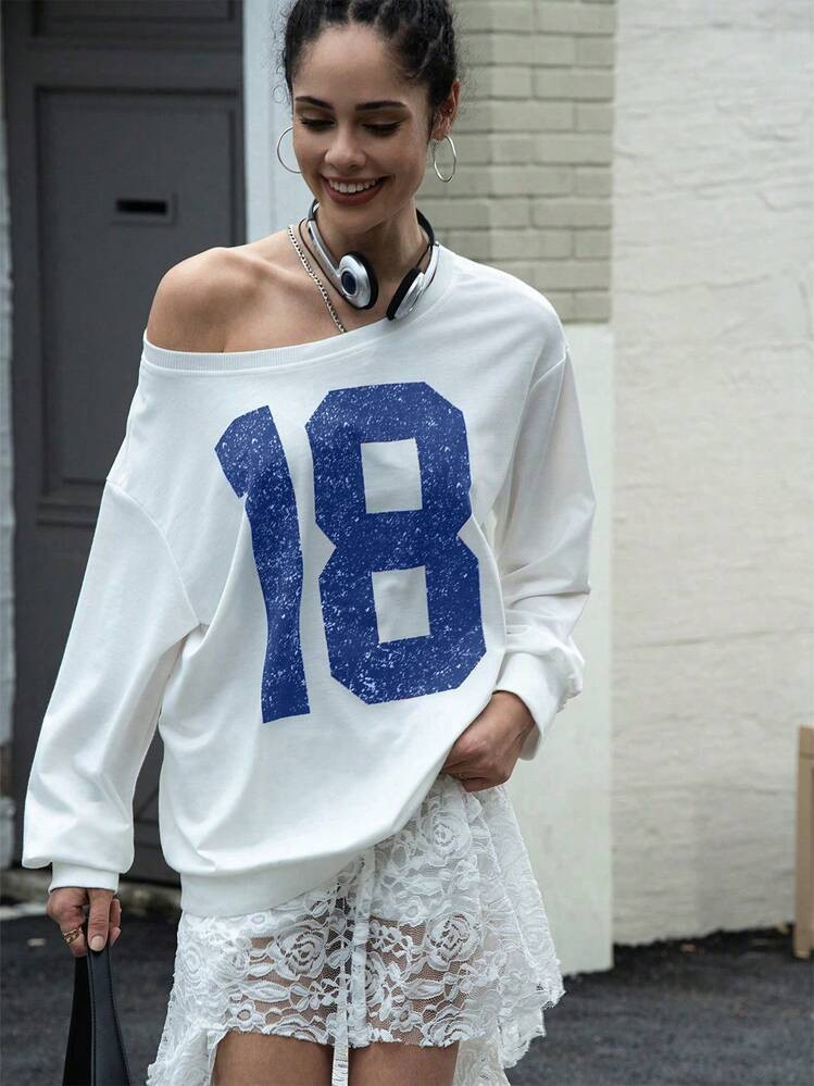 INAWLY Numeric Print Round Neck Pullover Sweatshirt Fall Women Clothing,Long Sleeve Tops | SHEIN