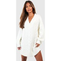 Womens V Neck Cable Knit Dress - White - S | boohoo (US & Canada)