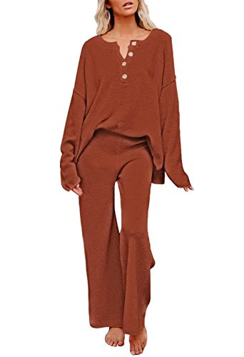 Pink Queen Women's 2 Piece Outfit Set Long Sleeve Button Knit Pullover Sweater Top Wide Leg Pants Sweatsuit Orange L | Amazon (US)