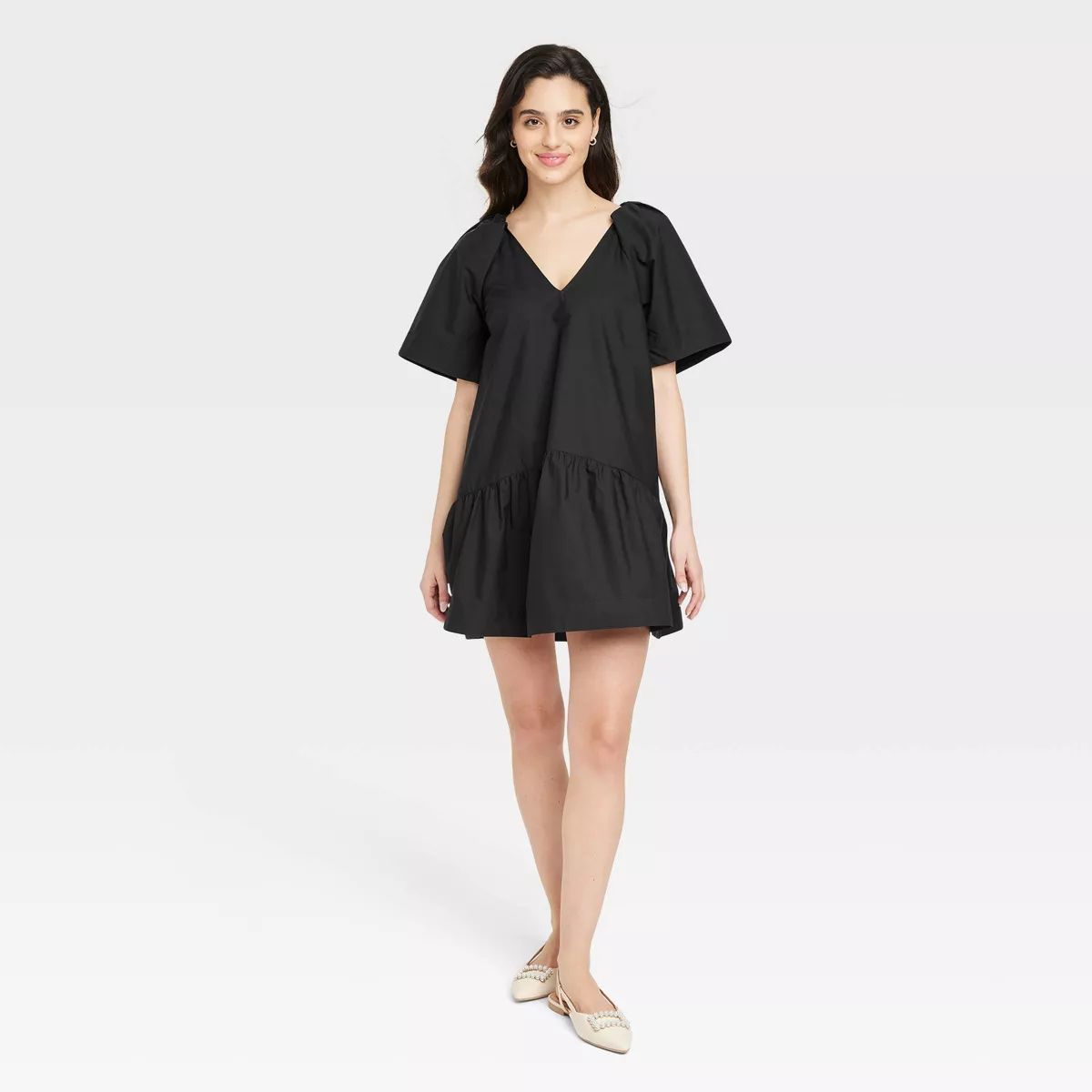 Women's Flutter Short Sleeve Mini Poplin Dress - A New Day™ Black XS | Target