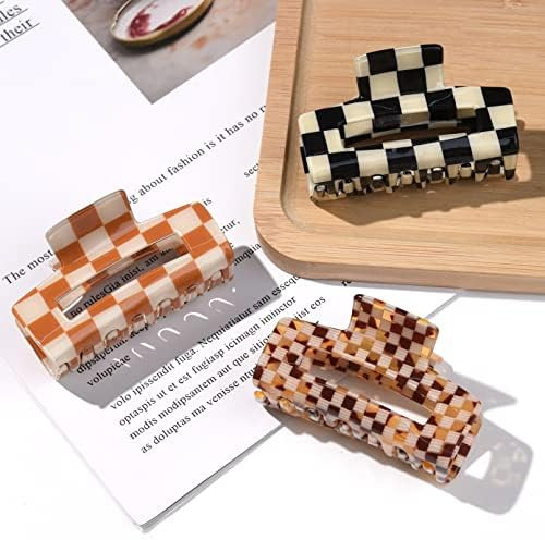 Checkered Hair Claw Clips, 3 Pack Large Banana Clips for Thick Hair Y2K Jaw Clips French Tortoise... | Amazon (US)
