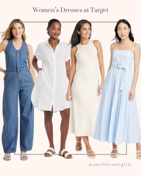New women’s dresses and jumpsuits at Target. Wedding guest dresses. Date night outfit. White dress. Summer outfit. Graduation dress. Curved leg denim jumpsuit. White shirt sleeve mini shirt dress. White rib knit midi bodycon dress. Blue belted midi bandeau dress  

#LTKStyleTip #LTKFindsUnder50 #LTKOver40