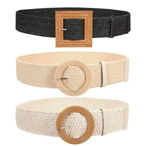 JASGOOD 3 Pack Straw Woven Women Elastic Stretch Waist Belts Women Wide Summer Dress Belts | Amazon (US)
