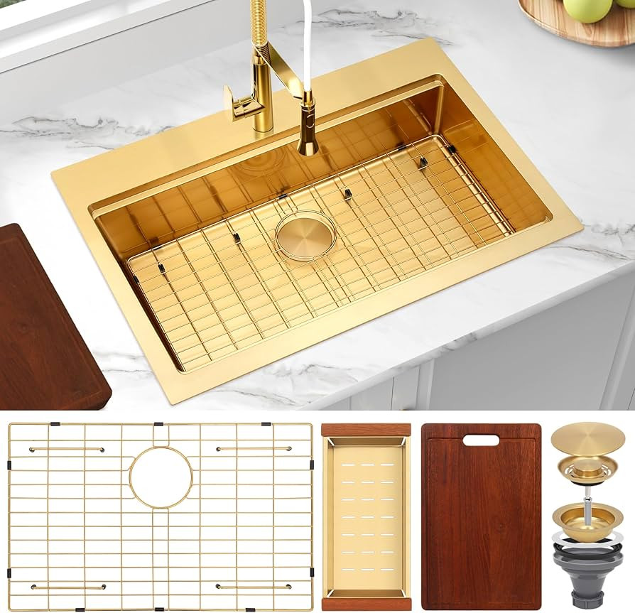 Drop In Gold Kitchen Sink,Stainless Steel Sink 16 Gauge,Single Bowl Workstation Sinks (Gold, 28" ... | Amazon (US)