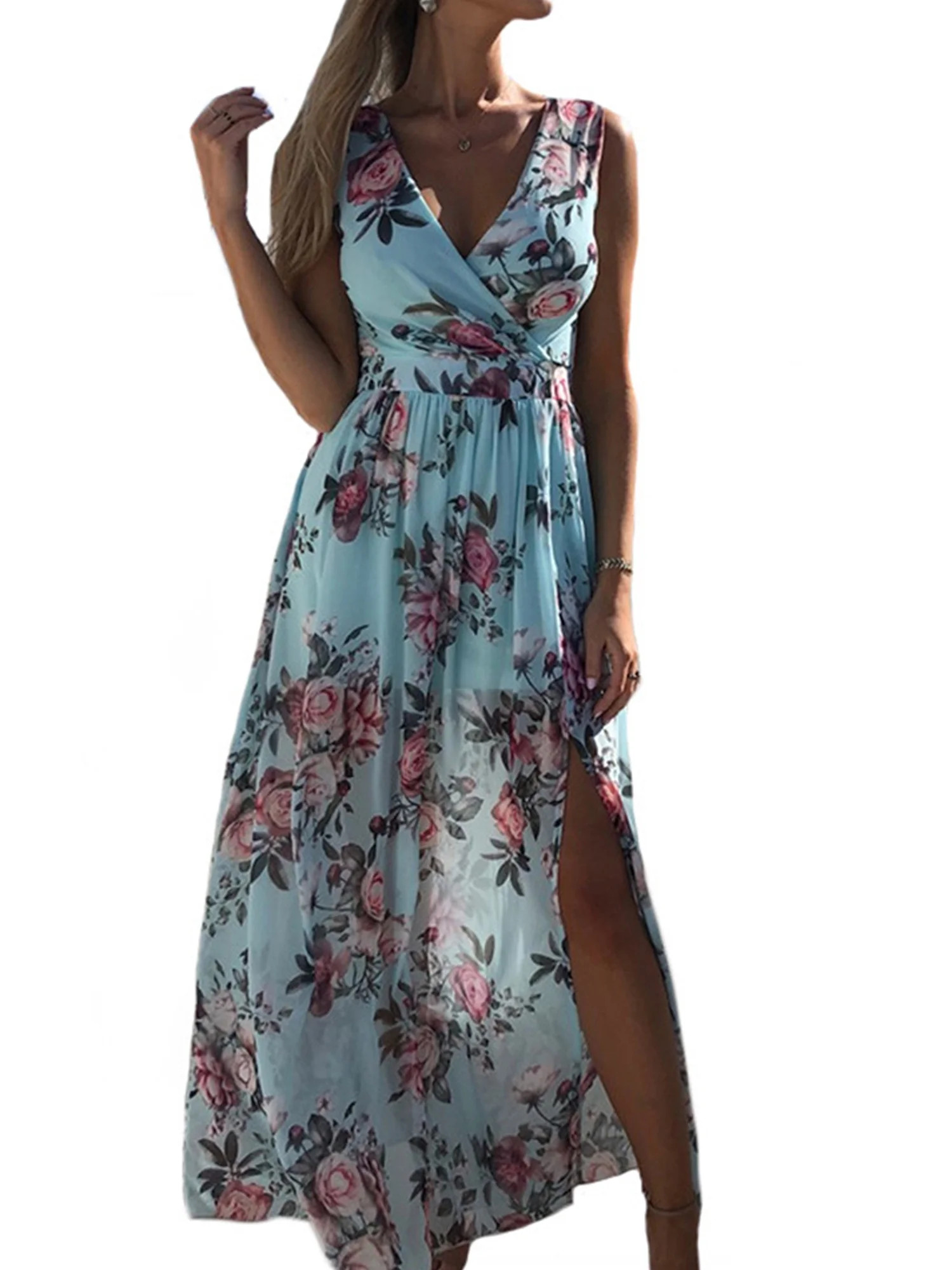 Spring hue Women Dress Sleeveless Floral Deep V-Neck High Split Dress | Walmart (US)