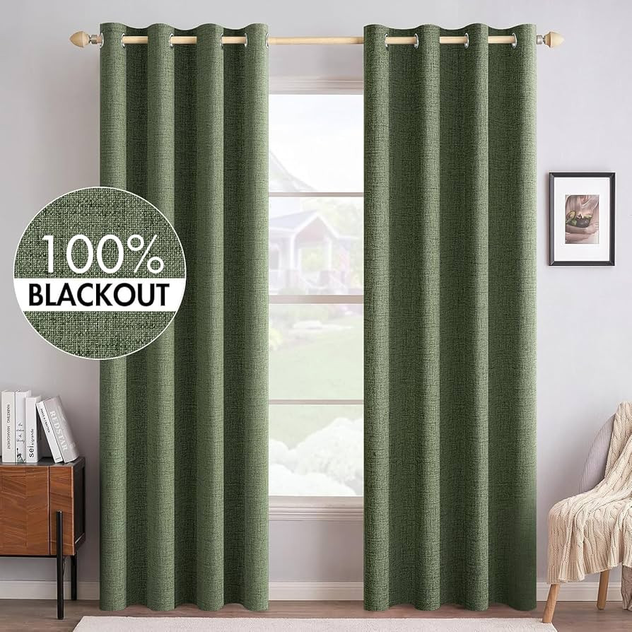 MIULEE 100% Blackout Linen Textured Curtains for Bedroom Solid Thermal Insulated Olive Green Grom... | Amazon (US)