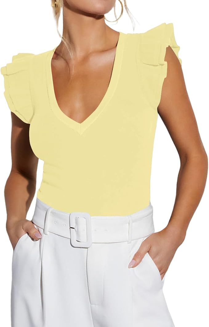 Ezbelle Women's Summer Sleeveless Tops V Neck Ruffle Shirts Knit Ribbed Tank Top Sexy Blouse | Amazon (US)