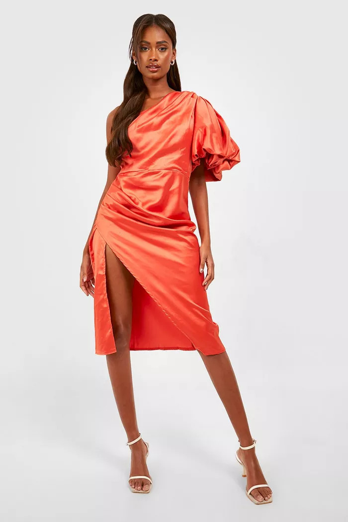 Puff One Shoulder Side Split Midi Dress | boohoo (US & Canada)