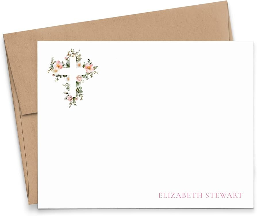 Personalized Religious Stationery And Envelopes Set, FLAT Christian Watercolor Notecards With Cro... | Amazon (US)