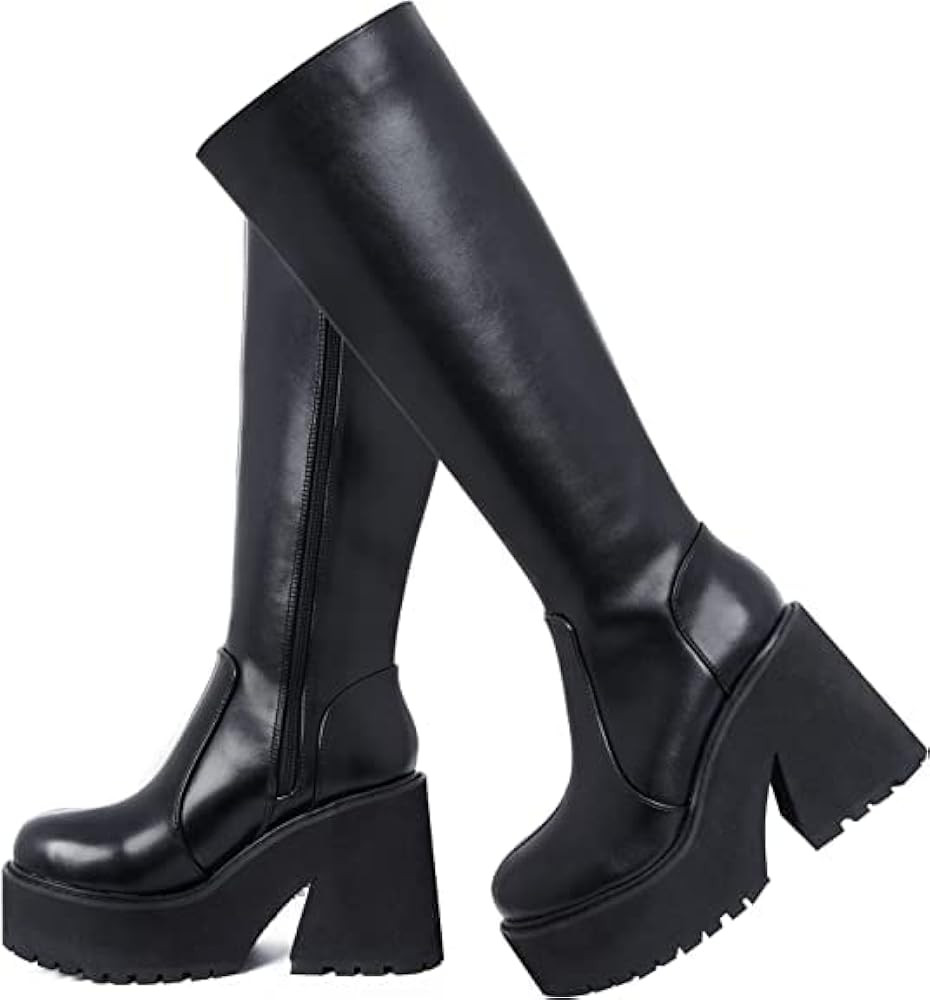 AMINUGAL Womens Plaform Knee High Boots Chunky Heel Round Toe Zipper Block Heel Fashion Motorcycl... | Amazon (US)