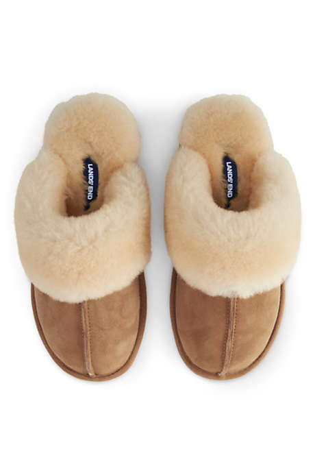 Women's Suede Leather Fuzzy Shearling Fur Scuff Slippers | Lands' End (US)