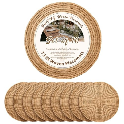 13 in Round Woven Placemats Plate Chargers Set of 10, Boho Farmhouse Rustic Woven Place Mats for Dining Table Decor, Rattan Wicker Table Mats Jute Braided Chargers for Dinner Plates | Amazon (US)