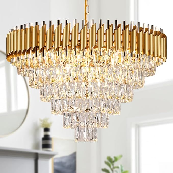 AXILIXI Gold Crystal Chandelier, Modern 30" Round Chandeliers for Dining Room K9 6-Tier Extra Lar... | Amazon (US)