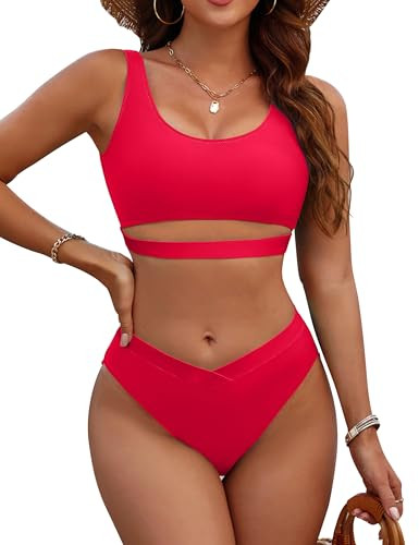 Blooming Jelly Womens Cheeky High Cut Bikini Cutout Sexy Swimsuit Swim Suit High Waisted Bikini Set (Medium, Red) | Amazon (US)