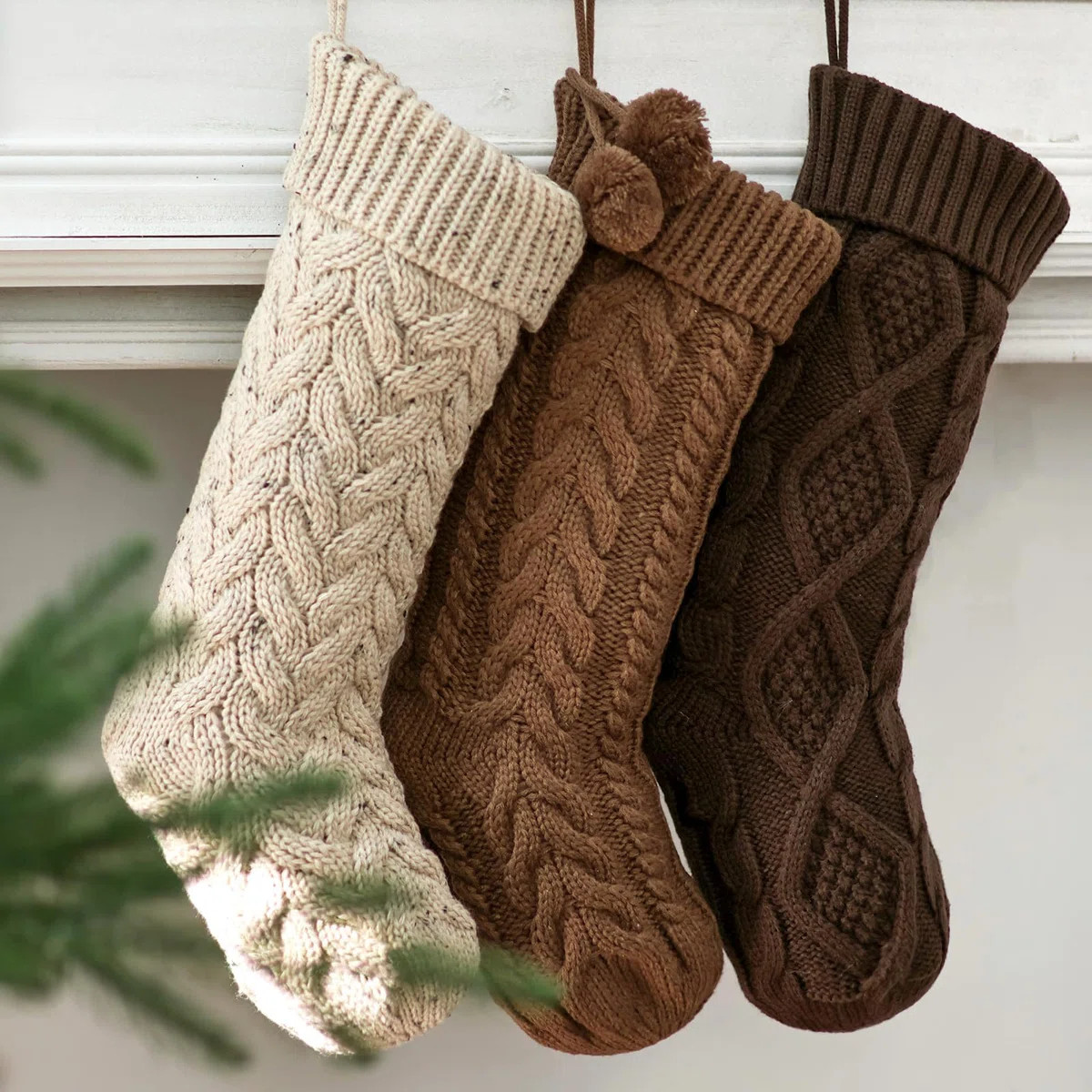 Farmhouse-Style Knitted Christmas Stockings, 3-Pack, 18-Inch Neutral Cable Knit Fireplace Stockin... | Wayfair North America