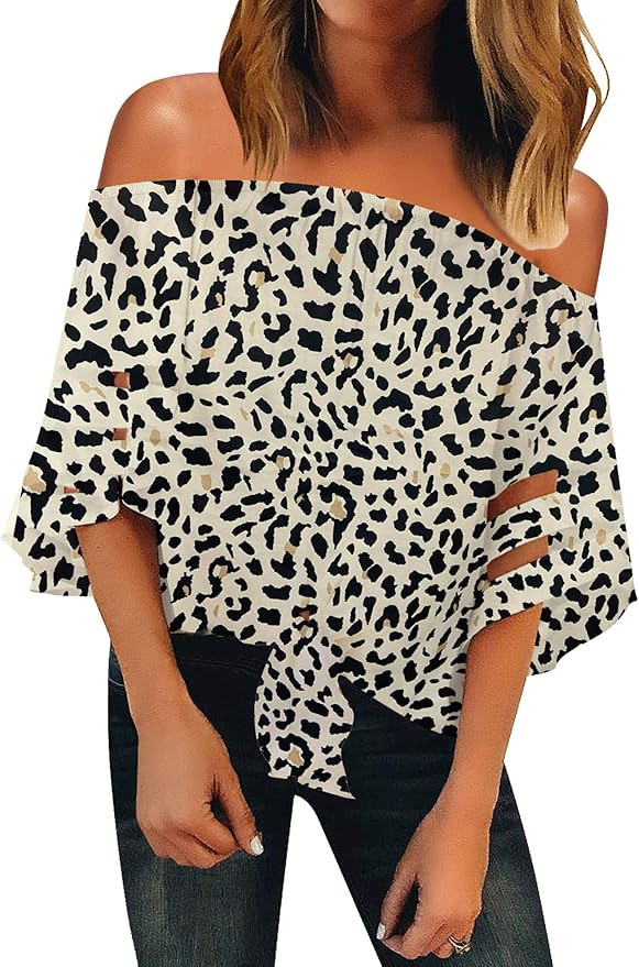 LookbookStore Women Off The Shoulder Tops 3/4 Bell Sleeve Mesh Tie Knot Shirt Blouse | Amazon (US)