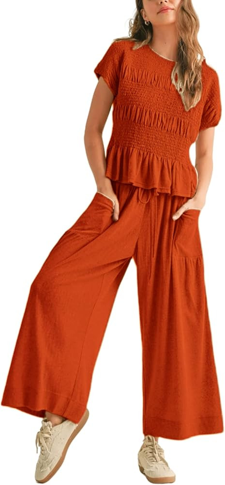 Antnation Womens 2 Piece Smocked Top Wide-Leg Pants Set High-Waisted Lounge Outfit with Pockets C... | Amazon (US)