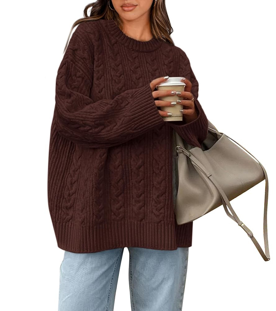 Okiwam Women's Oversized Sweaters Crewneck Cable Knit Pullover Casual Loose Fall Outfits Fashion ... | Amazon (US)