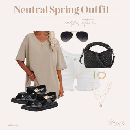 This neutral outfit inspiration includes a nude v-neck oversized tee paired with white cutoff shorts, a woven crossbody bag, black sandals, aviator sunglasses, gold huggie hoop earrings and a gold layered necklace. 

Ootd, summer outfit, casual outfit, spring outfit, Amazon fashion

#LTKfindsunder50 #LTKshoecrush #LTKstyletip