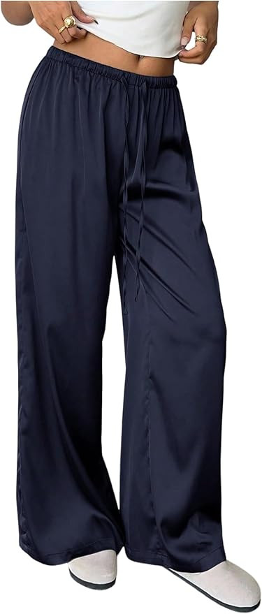 MakeMeChic Women's Satin Pants Drawstring Waist Straight Leg Chocolate Brown Silk Lounge Pants | Amazon (US)